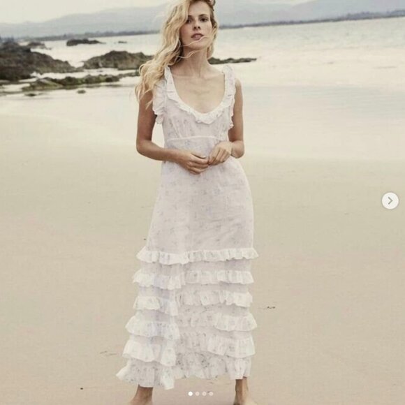 Doen Calla Maxi Dress in Salt White Blue Embroidery XS - Picture 2 of 6